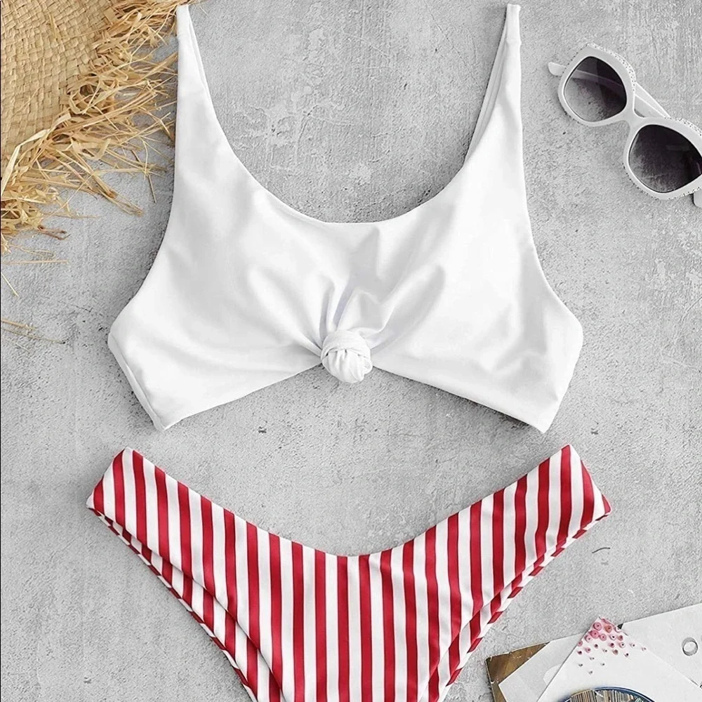 Zaful Red & White Striped Knot Front Bikini Set – Size Large (NWT)